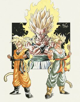 3boys absurdres aura black_sash black_shirt black_vest blonde_hair blue_sash breakintheh cowboy_shot dougi dragon_ball dragonball_z full_body gotenks green_pants green_shirt highres medium_hair metamoran_vest monkey_tail multiple_boys muscular muscular_male no_shirt orange_pants orange_sash orange_shirt pants sash shirt short_hair son_goten super_saiyan super_saiyan_1 tail trunks_(dragon_ball) v vest white_pants yellow_tail