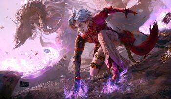 1boy absurdres artist_name burn_scar card coat colored_inner_hair commentary creature_and_personification cross cross_earrings dynamic_pose earrings english_commentary fire grin highres jewelry jvn looking_ahead male_focus multicolored_hair pants personification purple_fire red_coat red_eyes red_hair scar scar_(wuthering_waves) scar_across_eye scar_on_face smile white_hair white_pants wuthering_waves
