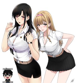 2025 2girls black_hair blonde_hair breasts brown_eyes check_commentary commentary_request crossdressing earrings hand_on_own_hip headband highres jewelry large_breasts long_eyelashes looking_at_viewer meme multiple_girls nut-chan_(xter) original pleated_skirt red_eyes signature skirt smile watch xter