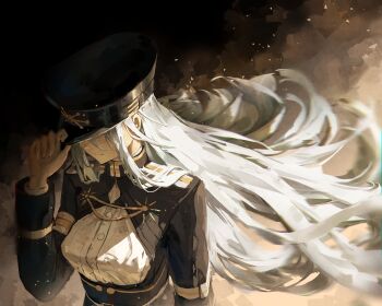 1girl 86_-eightysix- absurdres arkilide closed_mouth epaulettes from_above grey_hair hand_on_headwear hand_on_own_hat hat highres jacket long_hair looking_down military_hat military_jacket peaked_cap vladilena_millize