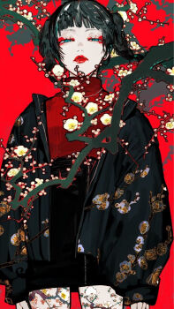 1girl black_hair black_skirt braid branch commentary_request eyeshadow floral_print flower gloves hair_ornament jacket lace lace_gloves lipstick makeup original padded_jacket pantyhose parody plum plum_blossoms red_theme skirt squinting style_parody turtleneck unrefle