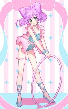 1girl bare_arms blue_leotard blue_shoes blue_wrist_cuffs blush bow bow-shaped_hair commentary dot_nose frilled_cuffs frilled_garter frills full_body green_eyes highres hoop hula_hoop leaning_forward legs_apart leotard looking_at_viewer manaka_laala mendamen miniskirt pink_bow pink_garter pink_skirt polka_dot_leotard pretty_series pripara purple_hair shoes showgirl_skirt skirt smile solo standing striped_background twitter_username vertical-striped_background wrist_cuffs