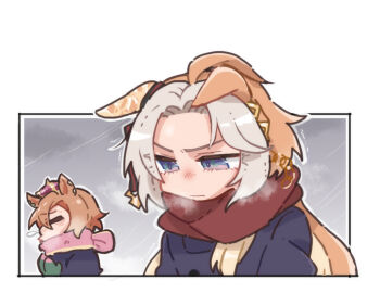 2girls ahoge animal_ears beer_hsk blonde_hair brown_hair brown_scarf chibi closed_eyes coat cold crown ears_down forehead grey_hair horse_ears long_hair mini_crown multicolored_hair multiple_girls orfevre_(umamusume) parted_bangs pink_scarf purple_coat purple_eyes scarf sneezing snot t.m._opera_o_(umamusume) trembling two-tone_hair umamusume upper_body v-shaped_eyebrows very_long_hair