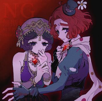 1boy 1girl black_eyes black_hair black_shirt black_vest commentary_request cropped_vest curled_ends curly_hair fingerless_gloves flower gem gloves gold_trim hair_intakes hat hat_flower highres identity_v juliet_sleeves leotard long_sleeves looking_back margaretha_zelle mini_hat mini_top_hat perorinsr pink_wrist_cuffs polka_dot polka_dot_scarf puffy_sleeves purple_hat purple_leotard red_gemstone red_hair scarf shirt top_hat upper_body vest watermark weeping_clown_(identity_v) wrist_cuffs