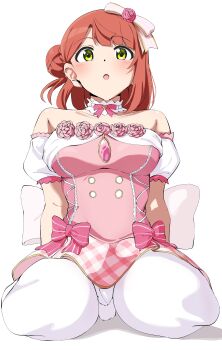 Rule 34 | 1girl, absurdres, back bow, bare shoulders, bow, braid, breasts, bun with braided base, collarbone, detached sleeves, dress, dress bow, flower, flower-trimmed dress, green eyes, hair bun, hair flower, hair ornament, hair ribbon, highres, large breasts, love live!, love live! nijigasaki high school idol club, medium hair, orange hair, pantyhose, pink bow, pink dress, pink flower, pink ribbon, puffy short sleeves, puffy sleeves, ribbon, short dress, short sleeves, single side bun, solo, strapless, strapless dress, uchuu no mozuku, uehara ayumu, white pantyhose, yume e no ippo