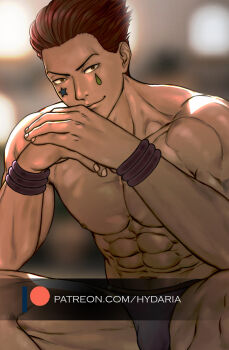 Rule 34 | 1boy, abs, bara, bikini briefs, bulge, cowboy shot, facial mark, hair slicked back, hisoka morow, hunter x hunter, hydaria, looking at viewer, male focus, male underwear, muscular, muscular male, navel, nipples, own hands together, paid reward available, pectorals, purple male underwear, red hair, short hair, sitting, smile, solo, star (symbol), star facial mark, stomach, teardrop facial mark, topless male, underwear, watermark