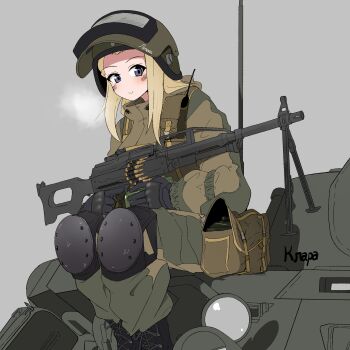 1girl bag black_boots black_gloves blonde_hair blue_eyes boots breath brown_helmet brown_jacket brown_pants clara_(girls_und_panzer) closed_mouth combat_boots commentary cyrillic girls_und_panzer gloves grey_background gun guropara helmet highres holding holding_gun holding_weapon jacket knee_pads long_hair long_sleeves looking_at_viewer machine_gun military_uniform on_tank pants russian_text satchel simple_background sitting smile solo weapon