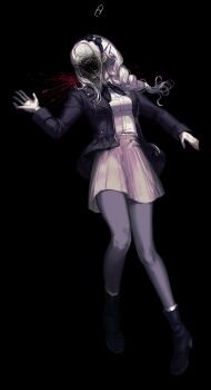 1girl black_background black_boots black_bow black_hairband black_jacket black_ribbon blood boots bow braid buttons censored collared_shirt full_body grey_pantyhose grey_skirt hair_ornament hairband hairclip highres jacket kirifuji_nozomi lapels long_hair long_sleeves miniskirt neck_ribbon notched_lapels open_clothes open_jacket pantyhose parallel_hairclips pleated_skirt r314dor ribbon scribble_censor shirt side_braid simple_background single_braid skirt solo spoilers the_hundred_line_-last_defense_academy- white_background white_hair white_shirt