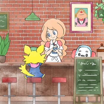 1girl 2boys apron bar_stool blue_eyes brick_wall chalkboard counter furry furry_male hanging_plant joe_(warioware) long_hair mona_(warioware) multiple_boys nintendo official_art orange_hair plant portrait_(object) spitz stool takeuchi_kou third-party_source waitress warioware warioware:_get_it_together! white_apron yellow_fur