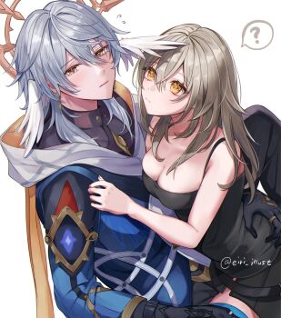 1boy 1girl ? black_gloves black_skirt black_tank_top blue_hair breast_press breasts closed_mouth commentary earrings eiri_illust gloves gold_earrings gold_halo grey_hair hair_between_eyes halo halo_behind_head hand_on_another&#039;s_cheek hand_on_another&#039;s_face hand_on_another&#039;s_thigh hand_on_another&#039;s_waist hashtag-only_commentary head_wings hetero highres honkai:_star_rail honkai_(series) jewelry light_blush long_hair long_sleeves looking_at_another looking_at_viewer medium_breasts parted_lips ring simple_background skirt sleeveless spoken_question_mark stelle_(honkai:_star_rail) sunday_(honkai:_star_rail) tank_top thigh_strap trailblazer_(honkai:_star_rail) twitter_username white_background wings yellow_eyes
