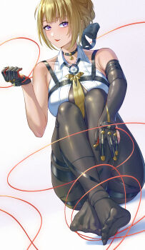 1girl absurdres blonde_hair evelyn_chevalier feet highres hitpig light_blush long_hair looking_at_viewer pantyhose parted_lips purple_eyes soles toes zenless_zone_zero