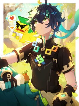 1boy absurdres ajaw_(genshin_impact) aqua_gloves aqua_headband aqua_pants arm_tattoo black_gloves black_hair black_shirt clothes_around_waist dafu_zhentan earrings genshin_impact gloves green_eyes green_hair hair_between_eyes headband highres jewelry kinich_(genshin_impact) male_focus multicolored_hair neck_tattoo pants shirt short_hair solo streaked_hair tattoo two-tone_gloves