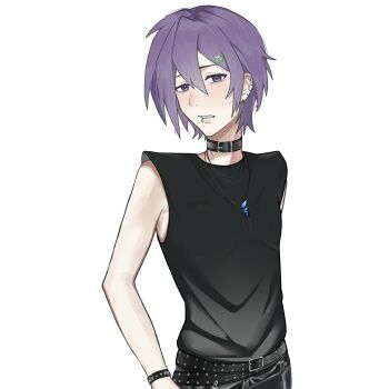 1boy absurdres bare_shoulders belt belt_buckle belt_collar black_belt black_pants black_shirt bracelet buckle chinese_commentary collar commentary_request covered_pectorals cowboy_shot ear_piercing expressionless frog_hair_ornament hair_between_eyes hair_ornament hairclip hand_on_own_hip highres jewelry leather leather_pants lips male_focus multiple_piercings necklace nostrils pants parted_lips pectorals pendant piercing pointy_nose purple_eyes purple_hair riliing sebastian_(stardew_valley) shell shell_necklace shirt short_hair simple_background sleeveless sleeveless_shirt solo standing stardew_valley stud_piercings studded_belt studded_bracelet teeth tight_clothes tight_shirt white_background