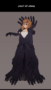 1girl black_gloves blue_streaks brown_background brown_hair elbow_gloves english_text gloves green_eyes highres huffslove living_clothes original ponytail pun shirt short_ponytail simple_background sketch smile solo too_literal white_shirt