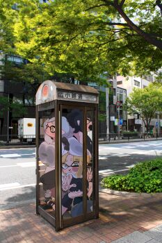 +_+ 3girls absurdres against_glass agent_3_(splatoon_3) black_gloves black_hair blonde_hair blue_eyes breast_press breasts breasts_on_glass callie_(splatoon) cheek_press commentary cramped glass gloves grey_hair hand_on_glass highres inkling jacket machiko_machi marie_(splatoon) multiple_girls nintendo phone_booth photo_background road salmonid shirt smallfry_(splatoon) splatoon_(series) splatoon_3 street stuck tentacle_hair torn_clothes torn_shirt trapped white_jacket yellow_eyes