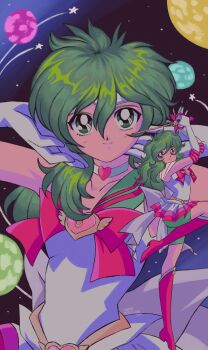 1boy alternate_costume andromeda_shun bike_shorts bishoujo_senshi_sailor_moon boots bow brooch choker circlet cosplay crossdressing crossdressing_(mtf) elbow_gloves full_body gloves green_eyes green_hair green_sailor_collar green_shorts hand_in_own_hair hands_in_own_hair hands_up heart heart_brooch heart_choker high_heel_boots high_heels highres holding holding_wand jewelry knee_boots long_hair looking_at_viewer male_focus multiple_views pink_boots pink_bow planet pleated_skirt sailor_collar sailor_moon sailor_senshi sailor_senshi_uniform saint_seiya shorts skirt space standing star_(sky) trap upper_body vampyrebellion wand white_choker white_gloves