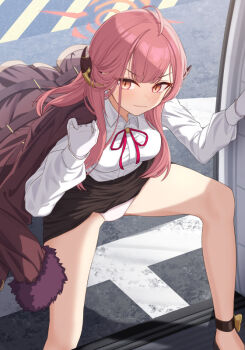 1girl ahoge aru_(blue_archive) black_skirt blue_archive breasts center-flap_bangs closed_mouth clothes_lift collared_shirt commentary_request day feet_out_of_frame gloves halo holding holding_unworn_clothes horns long_hair long_sleeves looking_at_viewer neck_ribbon no_socks orange_eyes outdoors panties red_eyes red_halo red_ribbon ribbon shirt skirt skirt_lift solo tamainoniwa underwear v-shaped_eyebrows white_gloves white_panties white_shirt wing_collar