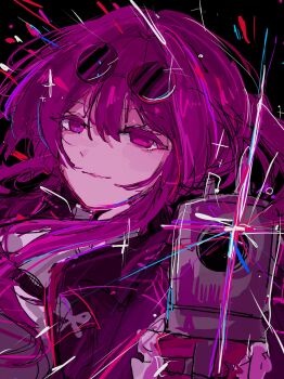 Rule 34 | 1girl, absurdres, black jacket, commentary, eyewear on head, glasses, gloves, gun, highres, holding, holding gun, holding weapon, honkai: star rail, honkai (series), jacket, kafka (honkai: star rail), light smile, long hair, lua070809, pink eyes, pink hair, smile, solo, weapon