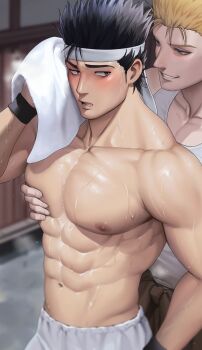 2boys abs absurdres bara bitaro black_hair blonde_hair blush collarbone covered_erect_nipples flustered headband highres holding holding_towel jacky_bryant large_pectorals looking_at_another male_focus multiple_boys muscular muscular_male open_mouth pants pectoral_cleavage pectoral_grab pectorals short_hair spiked_hair steaming_body sweat tank_top topless_male towel very_sweaty virtua_fighter white_headband white_pants white_tank_top wiping_sweat wristband yaoi yuki_akira