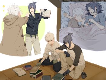 Rule 34 | blush, book, book stack, colorized, gloves, highres, holding, holding book, nezumi (no.6), no.6, ob sane, on bed, shion (no.6), sleeping, sleeping together