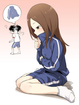 Rule 34 | 1girl, ?, asutora, black hair, borrowed clothes, brown eyes, brown hair, commentary request, female focus, full body, gradient background, gym shirt, gym shorts, gym uniform, jacket, karakai jouzu no takagi-san, long hair, long sleeves, nishikata, pink background, profile, shirt, shorts, simple background, sitting, socks, solo, speech bubble, takagi-san, thought bubble, track jacket, wariza, white socks, zipper pull tab