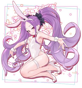 1girl absurdres animal_ears armpits bare_shoulders blush bow bowtie breasts detached_collar fake_animal_ears fake_tail fate/grand_order fate_(series) forehead grin hair_ornament hair_scrunchie high_heels highres leotard loli long_hair looking_at_viewer niwaikanai parted_bangs playboy_bunny purple_eyes purple_hair rabbit_ears rabbit_tail scrunchie sidelocks small_breasts smile solo tail twintails very_long_hair white_leotard wrist_cuffs wu_zetian_(fate)
