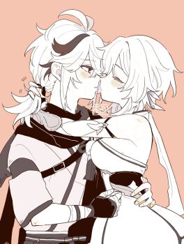 1boy 1girl bandaged_hand bandages blush breasts closed_eyes commentary_request crossed_bangs detached_sleeves dress fingerless_gloves from_side genshin_impact gloves hair_between_eyes hand_on_another's_waist hetero highres imminent_kiss japanese_clothes kaedehara_kazuha lumine_(genshin_impact) medium_breasts monochrome multicolored_hair parted_lips profile red_eyes signature simple_background sleeveless sleeveless_dress spot_color streaked_hair sumika_nl