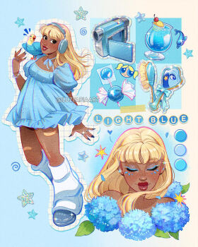 1girl animal animal_on_shoulder artist_name bird bird_on_shoulder blonde_hair blue_dress blue_flower bubbles_(ppg) camera candy closed_eyes dark-skinned_female dark_skin dress drink english_text flower food headphones highres holding holding_camera hydrangea leaf leg_warmers lollipop long_hair luztapiaart multiple_views original parrot powerpuff_girls star_(symbol) watermark white_leg_warmers