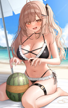 1girl bare_shoulders barefoot beach bikini black_bikini black_choker breasts brown_eyes brown_hair choker cleavage commentary_request day food fruit hair_ornament hairclip heart heart_necklace highres imouto-chan_(monaka_curl) jewelry large_breasts long_hair looking_at_viewer monaka_curl navel necklace open_mouth original outdoors paid_reward_available parasol raised_eyebrow rubber_band side_ponytail smile solo stomach swimsuit thigh_strap umbrella watermelon