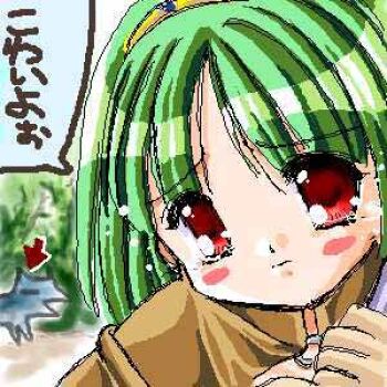 1girl 2000s_(style) arrow_(symbol) ayase_mai_(jelly^2_fish) blush_stickers closed_mouth frown green_hair looking_at_viewer lowres mage_(ragnarok_online) oekaki ragnarok_online red_eyes short_hair solo translation_request upper_body wolf