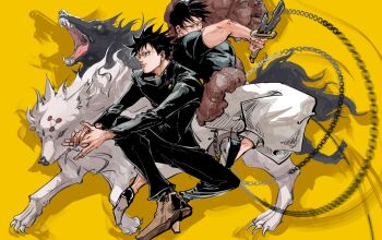 Rule 34 | 2boys, black pants, black shirt, chinese commentary, claws, commentary, cursed spirit (jujutsu kaisen), dog, father and son, full body, fushiguro megumi, fushiguro touji, gyokuken, highres, holding, holding weapon, jujutsu kaisen, jujutsu tech uniform, multiple boys, pants, shadow, sharp teeth, shirt, simple background, spiked hair, t-shirt, teeth, weapon, white pants, yellow background, yuan jessie0430