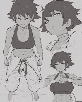 1girl absurdres barefoot breasts capcom cleavage cracking_knuckles female_focus full_body highres looking_at_viewer makoto_(street_fighter) medium_breasts monochrome muscular muscular_female navel scarf short_hair solo speedl00ver street_fighter street_fighter_iii_(series)