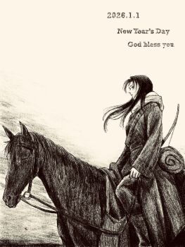 1girl black_hair black_nails bow_(weapon) dated english_text greyscale highres horse horseback_riding long_coat long_hair long_sleeves looking_to_the_side monochrome original riding solo tp_p_pt weapon white_background