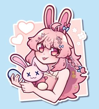 1girl ahoge animal_ears bow braid camisole commentary cropped_torso english_commentary hair_bow hair_ornament heart heart_hair_ornament holding holding_stuffed_toy justspicy phase_connect pink_camisole pink_eyes pink_hair pipkin_pippa rabbit_ears rabbit_girl rabbit_hair_ornament side_braid solo star_(symbol) star_hair_ornament stuffed_animal stuffed_rabbit stuffed_toy tongue tongue_out upper_body v-shaped_eyebrows virtual_youtuber x_x