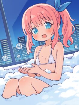 1girl :d bare_arms bare_shoulders bath bathing bathroom bathtub bikini blue_eyes blush building flat_chest indoors loli looking_at_viewer micro_bikini momomi_(onyhakase) onyhakase open_mouth original partially_submerged sitting smile soap_bubbles solo swimsuit wet white_bikini