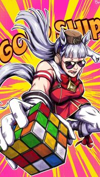 1girl animal_ears armband blunt_bangs bow bowtie breasts brown_hat dress ear_bow gloves gold_ship_(red_strife)_(umamusume) gold_ship_(umamusume) grey_hair hat highres holding horse_ears horse_girl horse_tail large_breasts leggings long_hair open_mouth pantyhose pillbox_hat purple_bow red_bow red_bowtie red_dress rubik&#039;s_cube sleeveless sleeveless_dress solo striped_armband striped_clothes sunglasses tail teeth tongue tongue_out umamusume white_gloves white_leggings white_pantyhose yashimo_1875