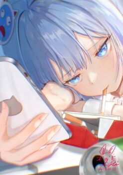 Rule 34 | 1girl, annoyed, arm pillow, blue eyes, blue hair, can, cellphone, cigarette, cigarette pack, commentary, english commentary, goddess of victory: nikke, hair ornament, half-closed eyes, head on arm, highres, holding, holding phone, jeirabbitjei, long hair, looking at phone, marlboro, mixed-language commentary, phone, shifty (nikke), smartphone, smoking, solo