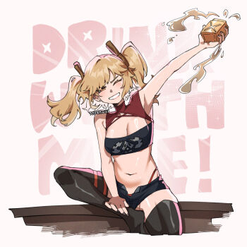 1girl black_tube_top blonde_hair burnice_white commentary crop_top ear_piercing english_commentary highres no_shoes piercing shorts strapless thighhighs tube_top twintails white_background wokiiarts yellow_eyes zenless_zone_zero