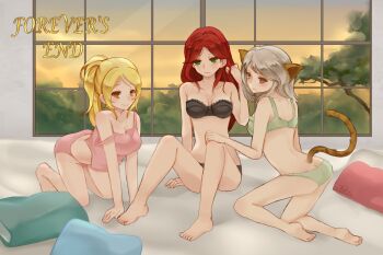 3girls adjusting_hair all_fours animal_ears arm_support bad_deviantart_id bad_id bare_shoulders barefoot bed blonde_hair blush bra breasts butt_crack camisole cat_ears cat_girl cat_tail cleavage elise_alkenridge elizabeth_elridge feet female_focus forever&#039;s_end green_eyes grey_hair kneeling leg_grab lingerie long_hair looking_back medium_breasts multiple_girls nel no_bra off_shoulder orange_eyes panties pillow ponytail red_hair serious short_hair shy sitting small_breasts smile strap_slip strapless strapless_bra tail tree underwear underwear_only window yunare yuri