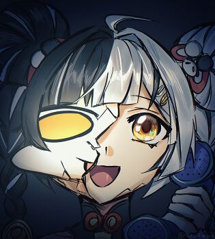 1girl ahoge black_hair braid broken_mask cracked_kawaii_mask dialyn_(zenless_zone_zero) hair_ornament hairclip highres holding holding_phone long_hair mask multicolored_hair open_mouth phone portrait smile solo split-color_hair twin_braids two-tone_hair white_hair wtvr_ccc yellow_eyes zenless_zone_zero