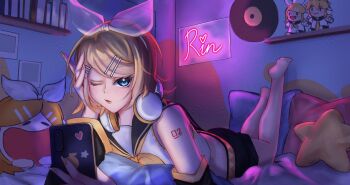 1girl barefoot belt black_sailor_collar blonde_hair blue_eyes book bow cellphone character_doll character_name character_pillow commentary_request crop_top cropped_shirt detached_sleeves doll dot_nose hair_bow hair_ornament hairclip hand_on_own_head headphones headphones_around_neck headset holding holding_phone indoors kagamine_len kagamine_rin looking_at_viewer lying meapchan nail_polish neckerchief number_tattoo on_stomach one_eye_closed parallel_hairclips parted_lips phone pillow sailor_collar shirt short_hair short_shorts shorts shoulder_tattoo sidelocks sleeveless sleeveless_shirt smartphone solo star-shaped_pillow tattoo the_pose vinyl_record vocaloid white_bow yellow_belt yellow_nails yellow_neckerchief yellow_trim