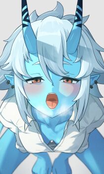 1girl absurdres black_necktie blue_horns blue_oni blue_skin blush breasts breath colored_skin downblouse ear_piercing from_above hair_between_eyes hair_between_horns heavy_breathing highres horns looking_at_viewer multicolored_horns mutsuki_albino necktie oni piercing pointy_ears red_eyes shirt short_hair simple_background skin-covered_horns sleeves_rolled_up small_breasts solo soukaku_(zenless_zone_zero) tongue tongue_out two-tone_horns white_background white_hair white_shirt zenless_zone_zero