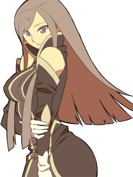 Rule 34 | 1girl, anime coloring, aqua eyes, archived source, bandai namco, bare shoulders, black dress, black outline, black sleeves, blunt ends, blunt sidelocks, breasts, brown hair, clothing cutout, collared dress, detached sleeves, dress, elbow cutout, from side, gloves, hand on own elbow, high collar, itsumo nokoru, large breasts, long dress, long hair, long sidelocks, looking at viewer, outline, parted lips, popped collar, sidelocks, simple background, sleeveless, sleeveless dress, solo, swept bangs, tales of (series), tales of the abyss, tear grants, teeth, thick outlines, tsurime, very long hair, very long sidelocks, white background, white gloves, yellow trim