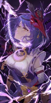 2girls blue_hair bridal_gauntlets chain chain_leash chikuwa_ku couple covered_underboob detached_sleeves electricity electro_symbol_(genshin_impact) female_pov floating_hair from_side genshin_impact glowing glowing_chain hair_floating_upwards hashtag-only_commentary highres holding holding_leash japanese_clothes jewelry kimono kujou_sara leaning_forward leash long_sleeves looking_up mask mask_on_head multiple_girls parted_lips pendant pov pov_hands powering_up purple_background purple_kimono raiden_shogun red_mask short_hair sleeveless solo_focus swept_bangs vision_(genshin_impact) wide_sleeves yellow_eyes yuri