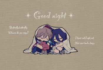 1boy 1girl animal black_pants blanket blanket_grab caption chainsaw chainsaw_man chibi closed_eyes collared_shirt denji_(chainsaw_man) hair_between_eyes highres holding holding_animal long_bangs nazo_no_hito no_mouth pants pochita_(chainsaw_man) purple_hair reze_(chainsaw_man) shirt shoes shorts sidelocks simple_background sitting sleeping sleeveless sleeves_rolled_up sneakers sparkle white_shirt