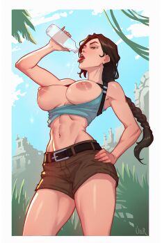 1girl abs belt blue_tank_top bottle braid braided_ponytail breasts breasts_out brown_eyes brown_hair brown_shorts hand_on_own_hip highres lara_croft large_breasts lips long_hair navel nipples open_mouth shorts solo tank_top tomb_raider tongue tongue_out ullr