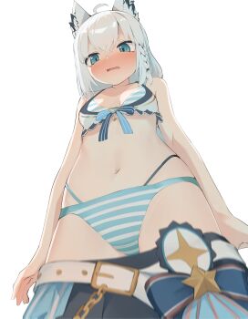 1girl absurdres ahoge animal_ears belt bikini braid breasts clothes_pull commentary english_commentary fox_ears fox_girl highres hololive hololive_summer_2023_swimsuit navel official_alternate_costume paid_reward_available recklessdraw shirakami_fubuki simple_background small_breasts solo striped_bikini striped_clothes swimsuit virtual_youtuber white_background white_hair