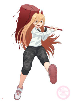 1girl absurdres black_necktie black_pants blonde_hair breasts chainsaw_man commentary_request cross-shaped_pupils full_body hair_between_eyes hammer highres holding holding_hammer horns long_hair long_sleeves looking_at_viewer medium_breasts nao_suke necktie open_mouth orange_eyes pants pants_rolled_up power_(chainsaw_man) red_horns sharp_teeth shirt shoe_soles shoes simple_background solo symbol-shaped_pupils teeth very_long_hair white_background white_shirt white_shoes