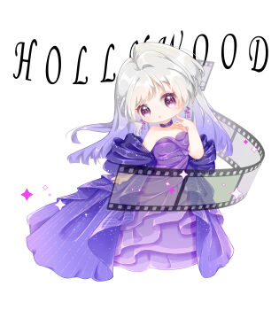 Rule 34 | 1girl, :o, absurdres, alternate hair color, bare arms, blunt ends, chibi, chinese commentary, choker, commentary request, curious, dress, earrings, eyelashes, film reel, finger to cheek, frilled dress, frills, gown, gradient hair, highres, jewelry, light blush, light particles, multicolored hair, nikki (series), open mouth, pink eyes, puffy short sleeves, puffy sleeves, purple choker, purple dress, purple hair, purple robe, robe, shenqi tuoxie zai nali, shining nikki, short sleeves, simple background, solo, sparkle, standing, strapless, strapless dress, tareme, two-tone hair, what chiaroscuro records (shining nikki), white background, white hair