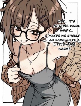 1girl armpits asami-chan bare_shoulders bent_over black-framed_eyewear body_freckles breast_freckles breasts bright_pupils brown_hair cowboy_shot cross cross_necklace dress earrings english_text freckles grey_dress grin hair_ornament hairclip highres hozuki_asami_(asami-chan) jewelry looking_at_viewer necklace off_shoulder open_clothes original short_hair small_breasts smile solo white_pupils